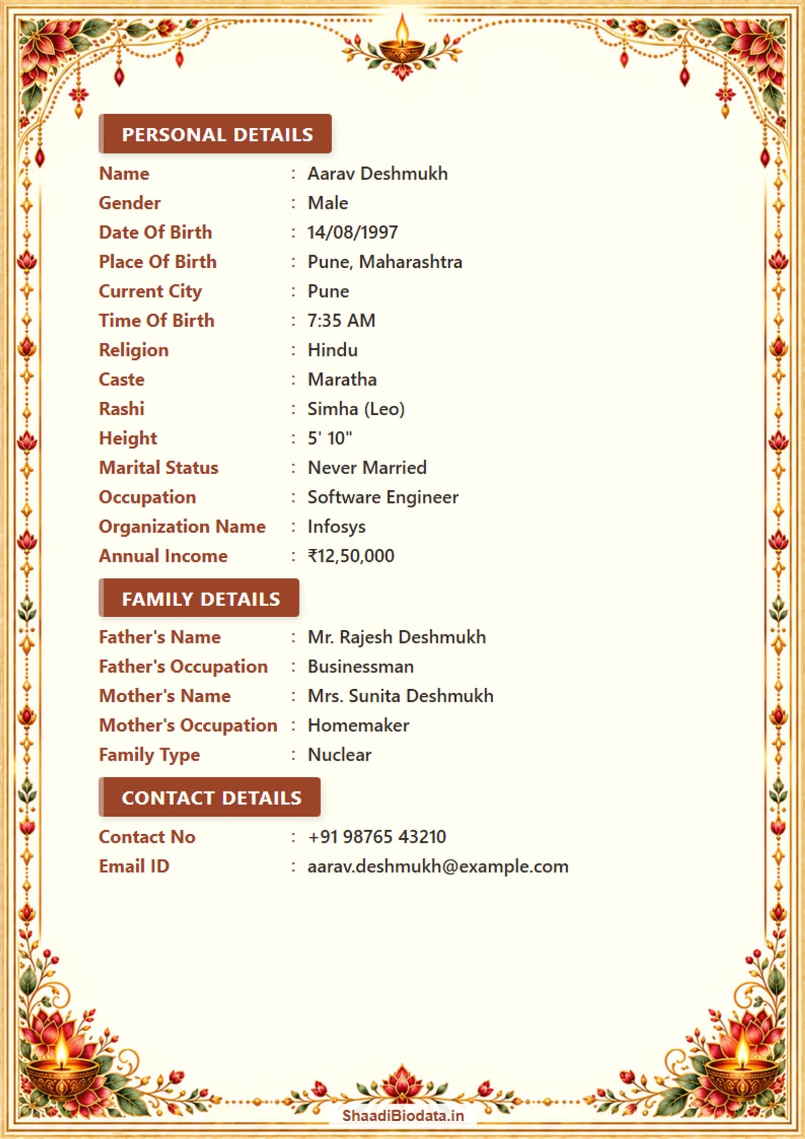 Ivory Diwali marriage biodata with festive lotus vines and an antique gold frame