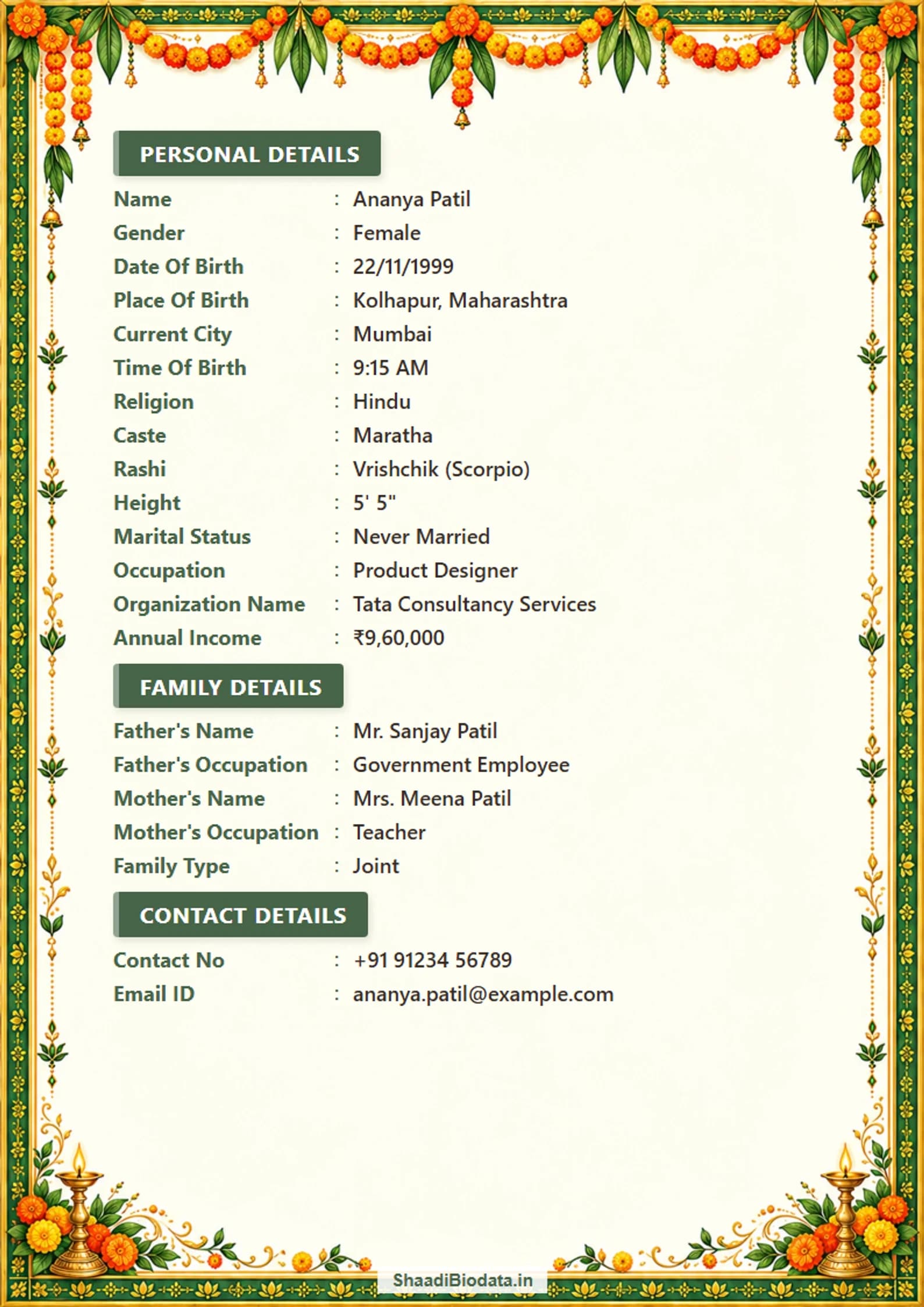 Traditional Diwali marriage biodata with marigold corners, mango leaves and tiny diyas in a green and gold border