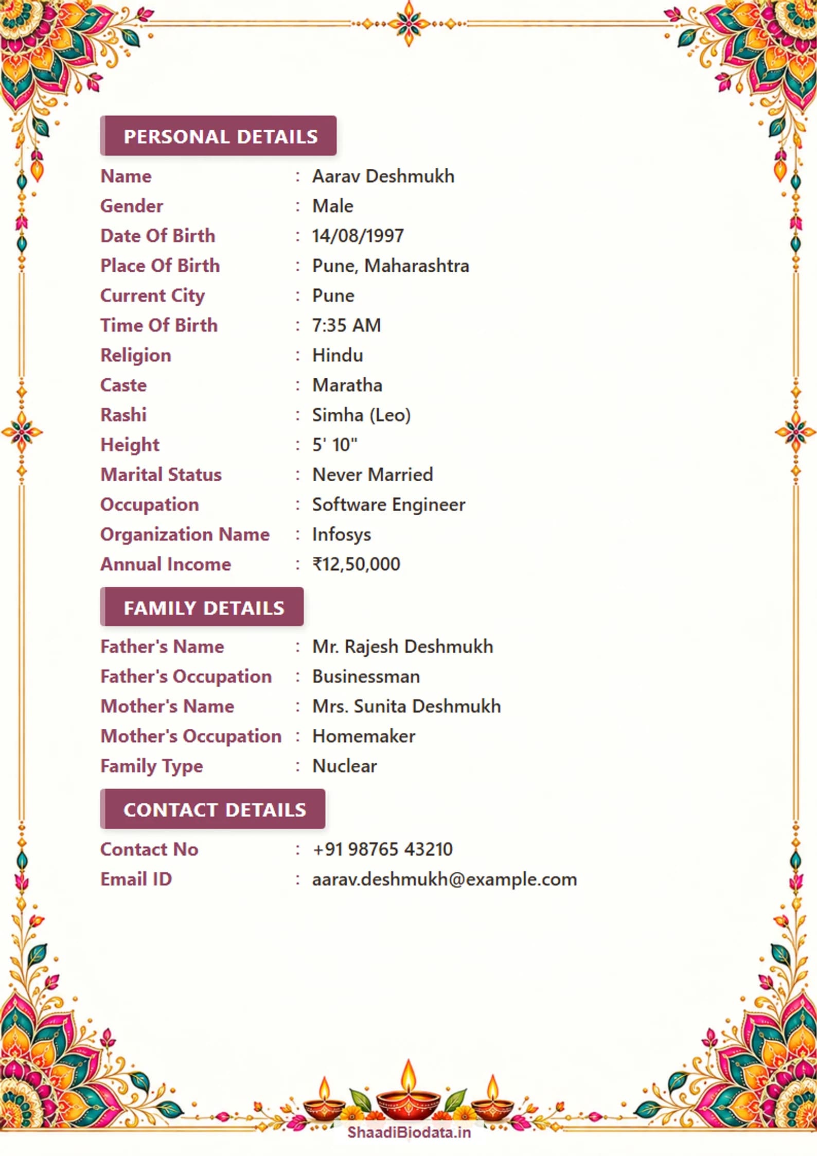 Diwali marriage biodata with colourful rangoli corner mandalas and a fine gold border