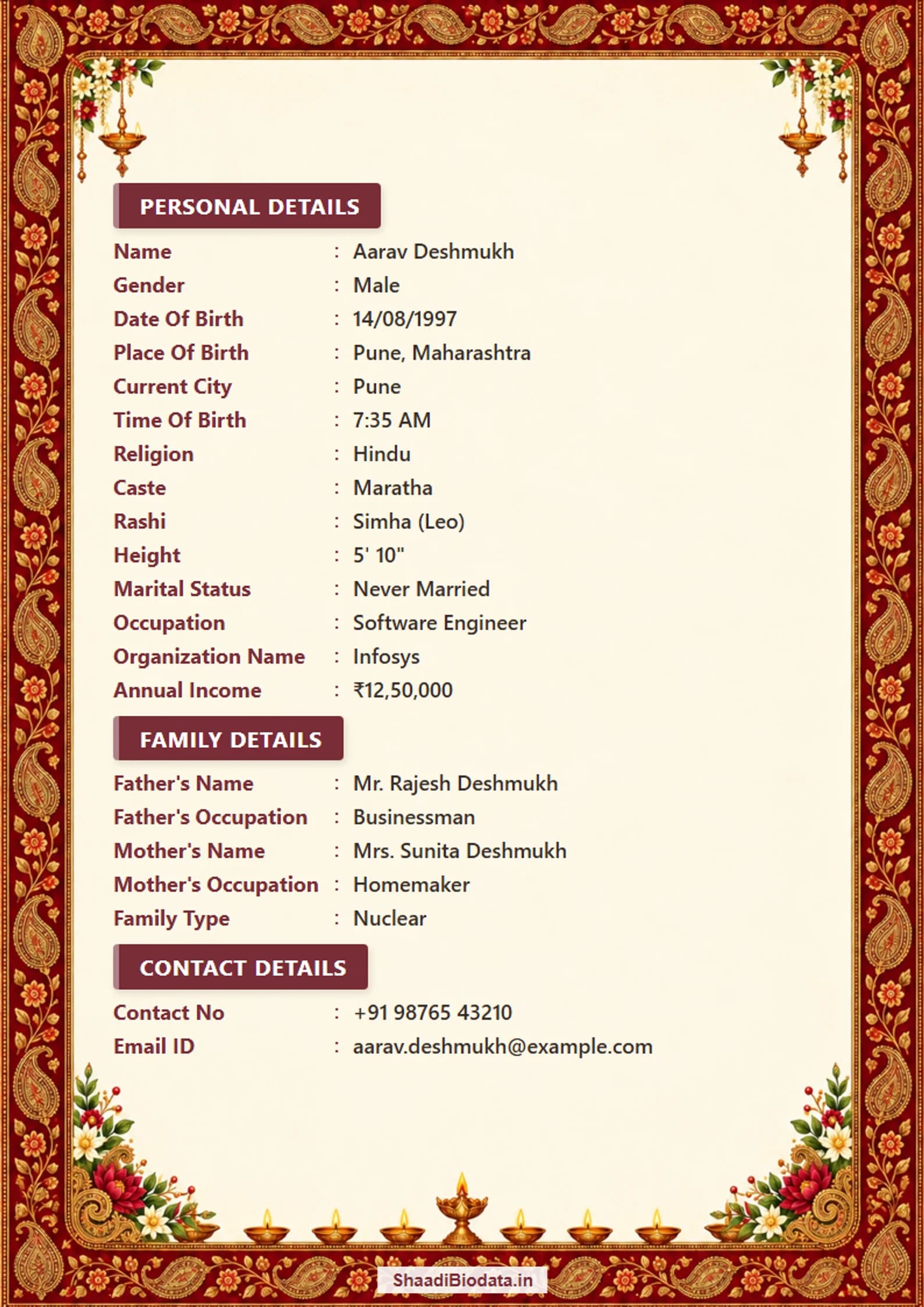 Royal Diwali marriage biodata with maroon Banarasi brocade, gold zari and small diyas embedded in the border