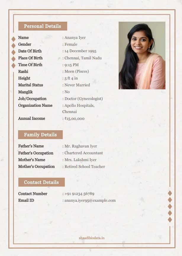 Professional shaadi biodata template with minimalist structured format.