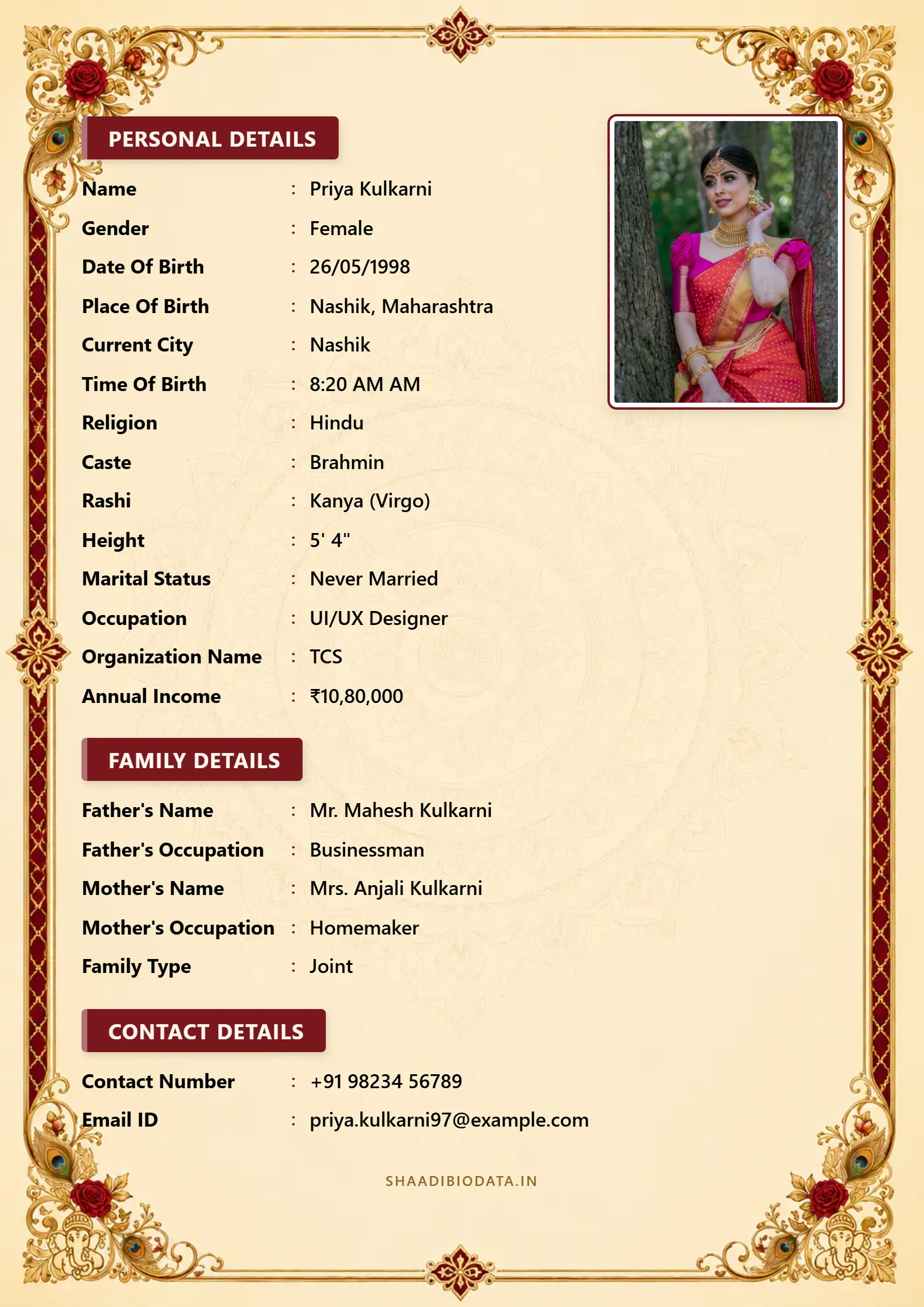 Cream biodata with royal maroon frame, gold details, and floral corners
