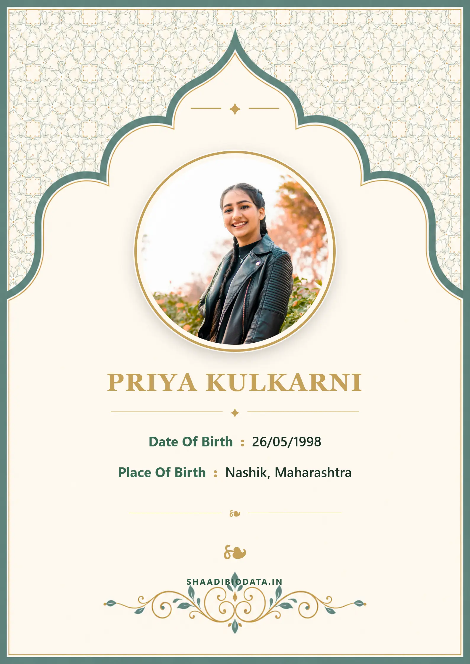 Emerald luxe and gold portrait biodata