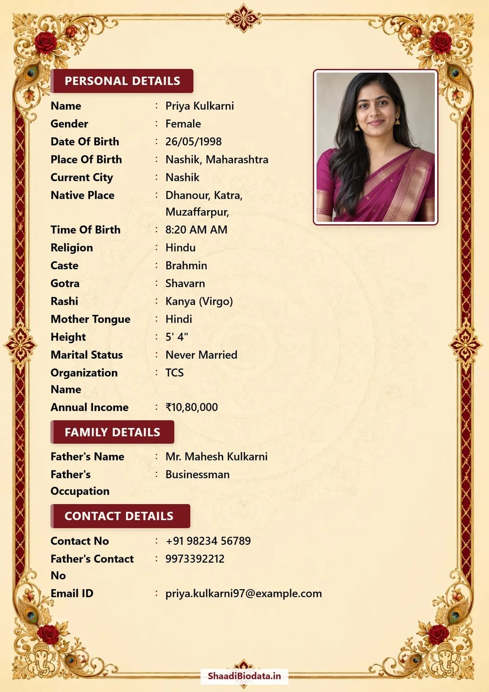 Fictional marriage biodata example: Watermark removed, with subtle ShaadiBiodata.in branding.