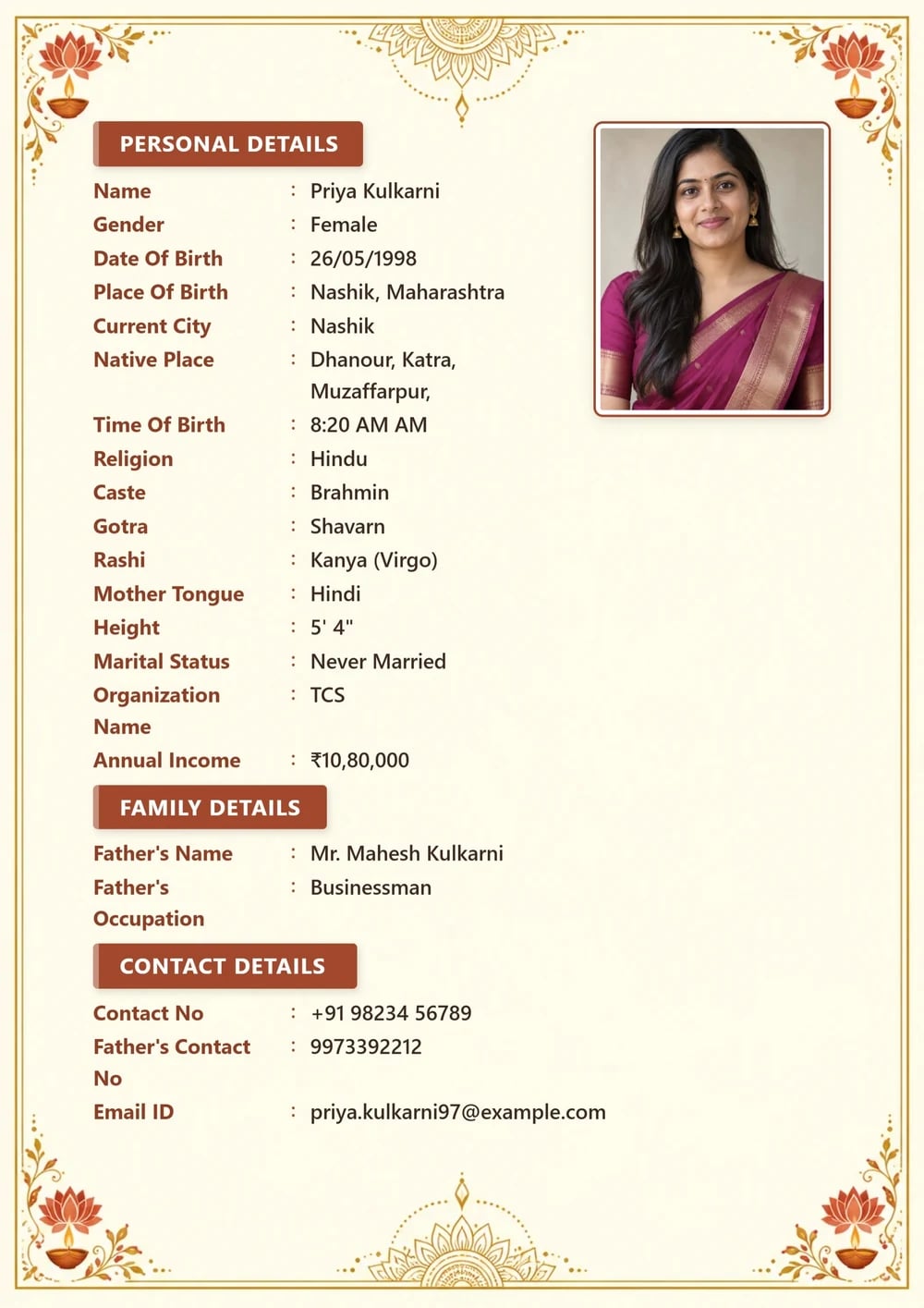 Fictional marriage biodata example: Watermark and site branding removed.