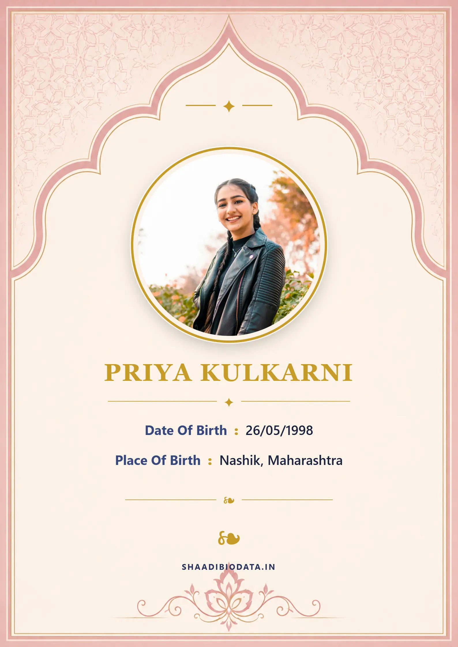 Royal indigo and antique gold portrait biodata