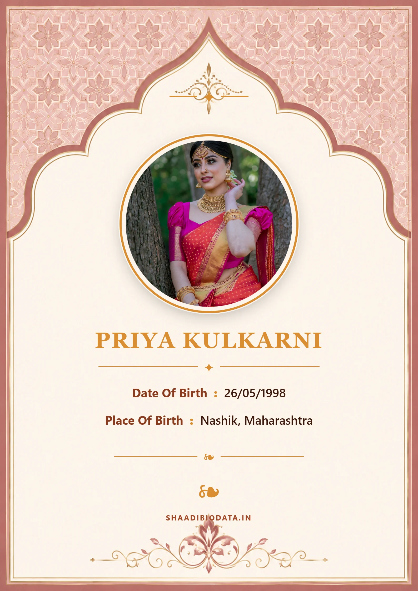 Warm terracotta floral arch portrait biodata